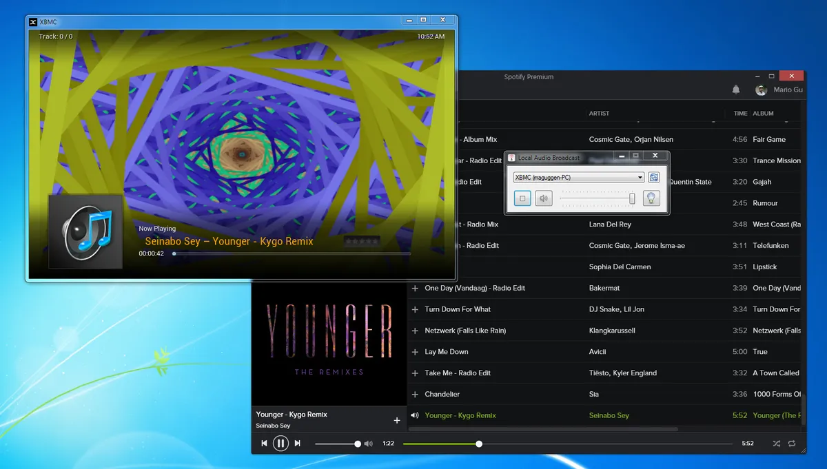 Local Audio Broadcast Demo Screenshot - Example use-case where LAB streams music from the Spotify client to XBMC