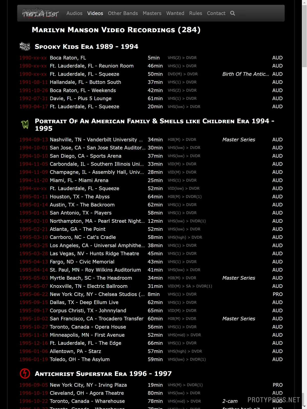 Screenshot of the list of videos